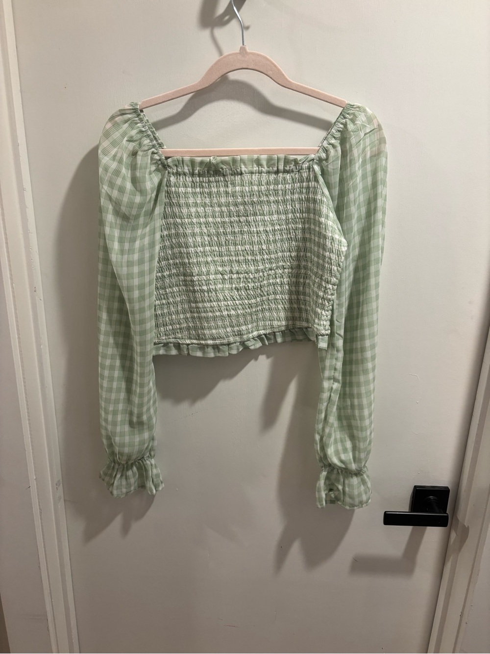Light Green Gingham Smocked Long-Sleeve Crop Top